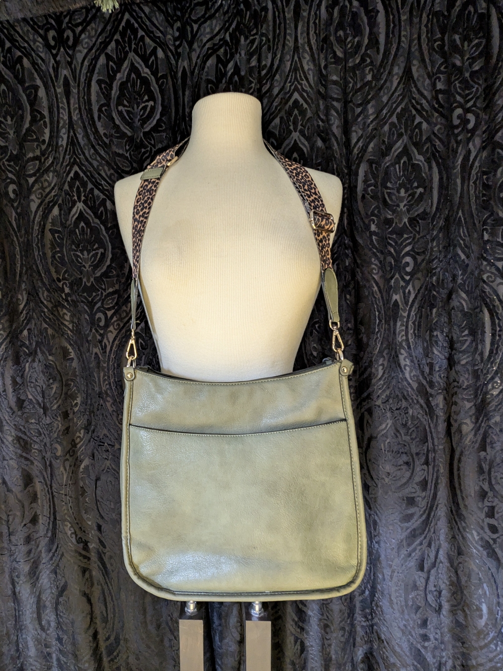 Olive Green Leather Shoulder Bag with Leopard Strap